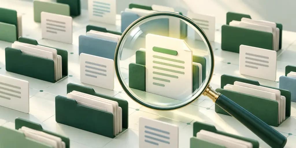 A magnifying glass highlighting a document among indexed green and ivory folders.