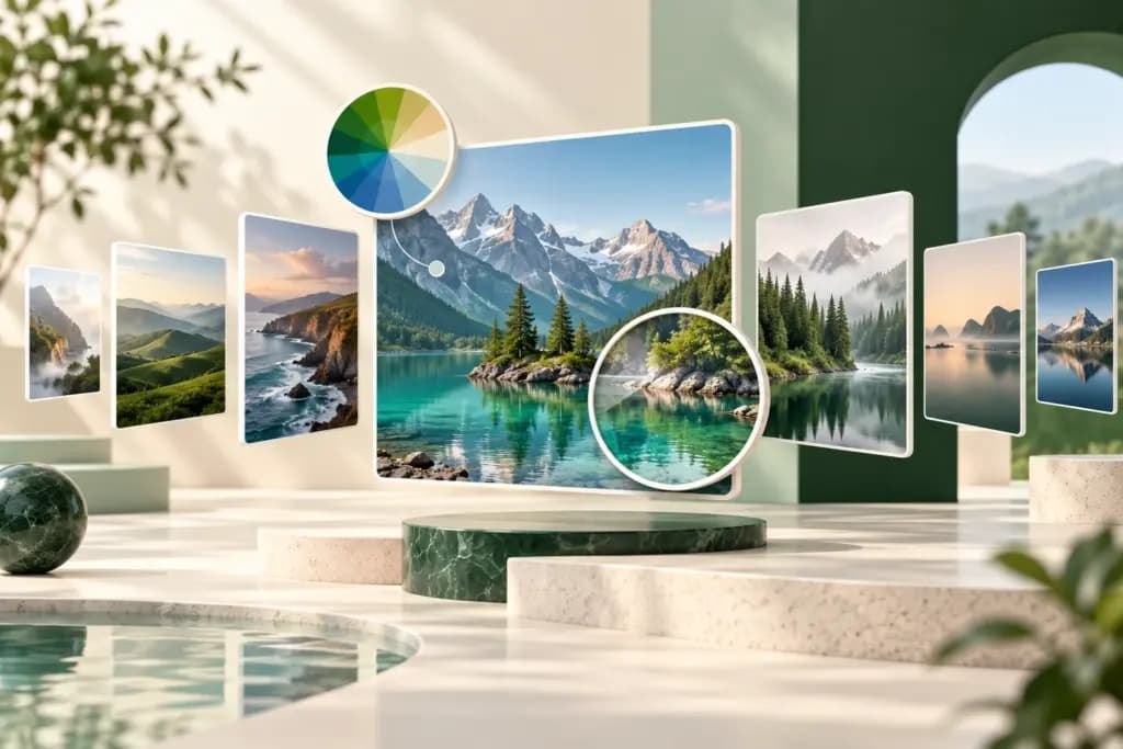 Floating landscape image cards with a color wheel and magnifying loupe illustrating image inspection.