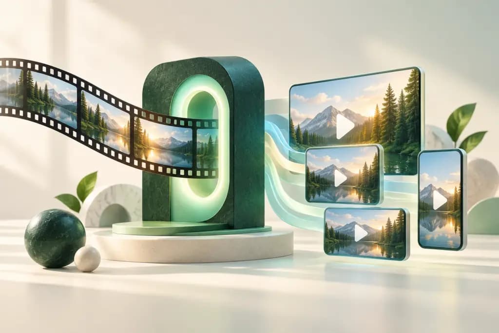 A film ribbon passing through a green conversion gateway into differently sized video cards.