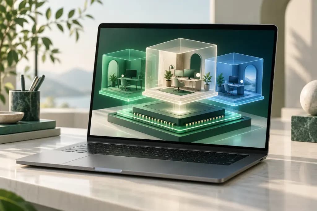 A laptop showing three contained virtual workspaces above a processor platform.