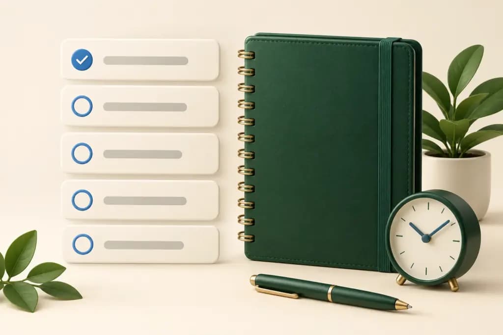 Five task cards beside a forest-green planner and a clock, illustrating personal daily planning.