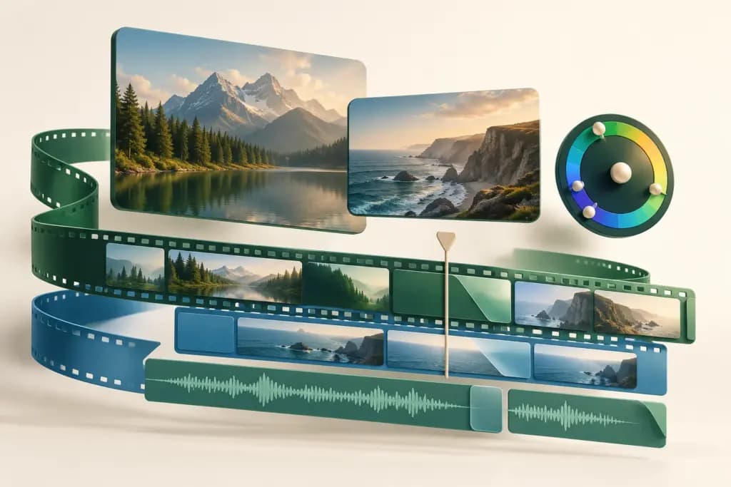 Layered green and blue video strips with landscape frames, a waveform, and a color wheel.