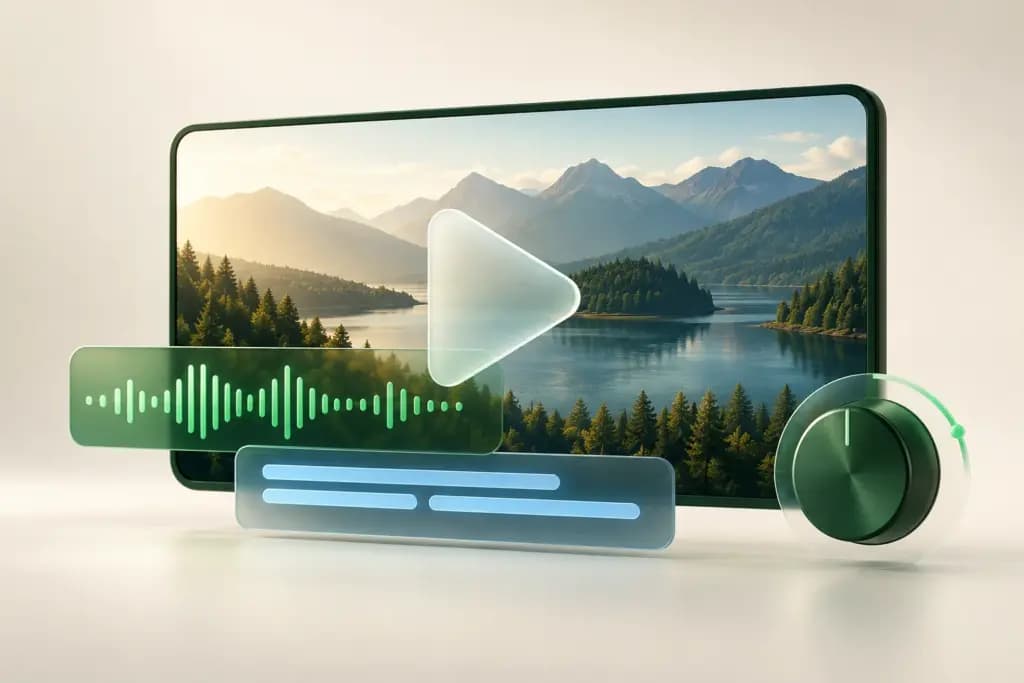 A landscape video frame with a translucent play symbol, subtitle lines, and an audio control.
