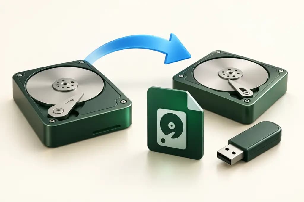 Two desktop drives connected by a blue arrow beside a disk-image symbol and bootable USB device.
