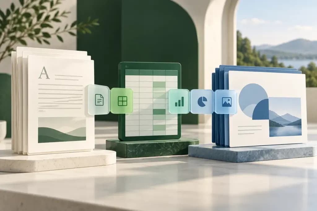 Ivory document sheets, a green spreadsheet, and blue presentation cards connected by five translucent tabs.