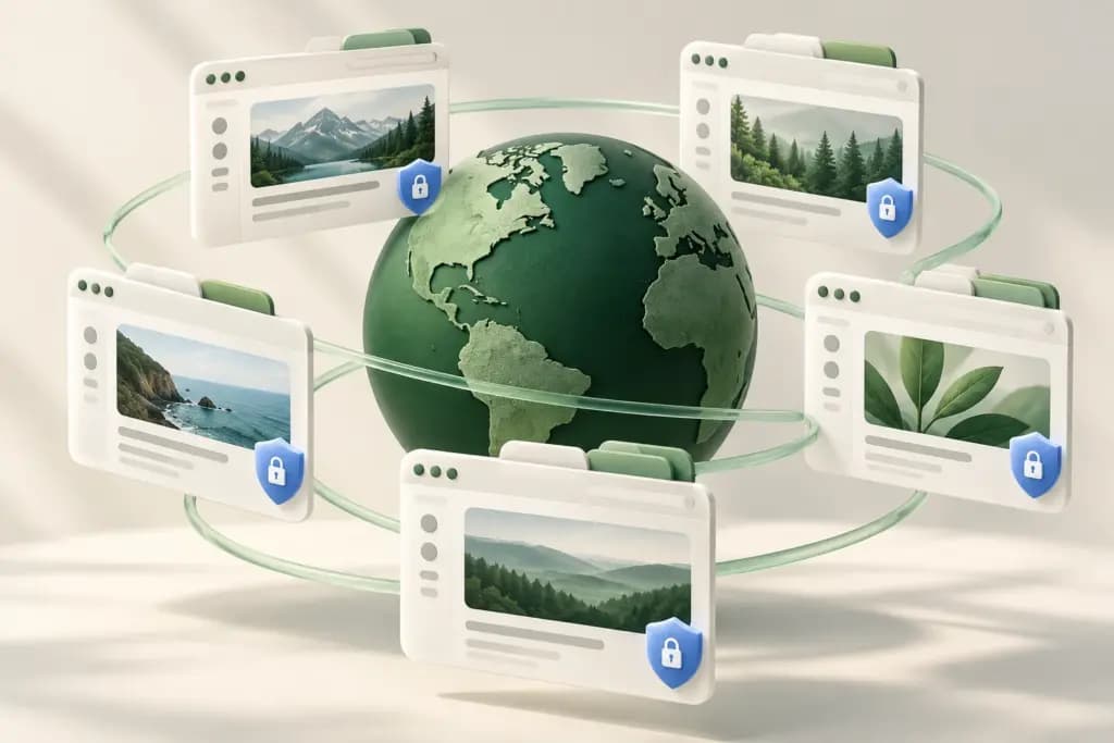 Five ivory browser windows with blue shields orbiting a forest-green globe.