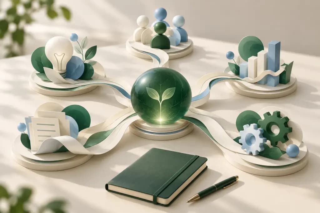 A green idea sphere connected by branching ribbons to five clusters of people, charts, documents, and creative symbols.