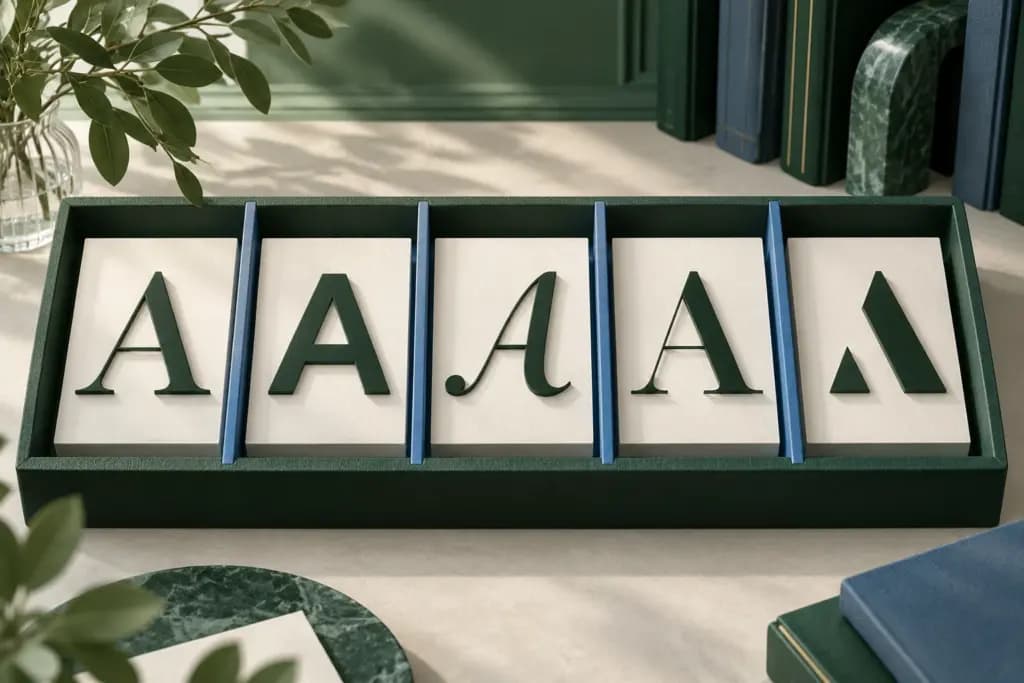 Five sculptural letter A specimens in different styles arranged in a green tray with blue dividers.